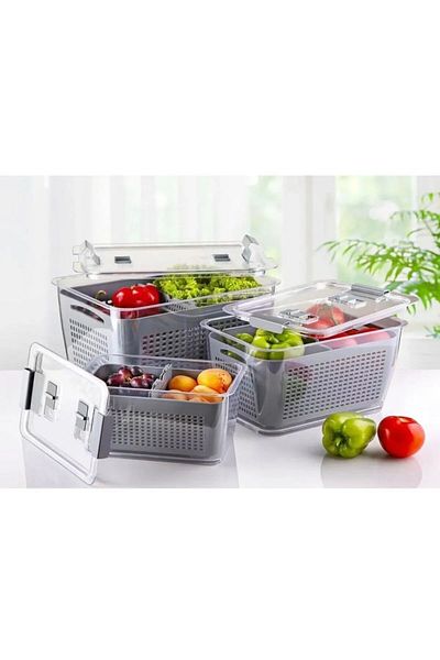 Home Set of 3 Transparent Crisper Fruit Storage Containers 9L, 5L, 2.5L with Air Circulation Strainer and Lid