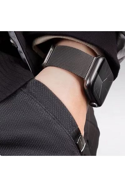 REDz Accessories Milanese Fabric Strap, Magnetic, For Apple Watch, Double Grip, Metallic, Black - 44/45/46/49 Mm