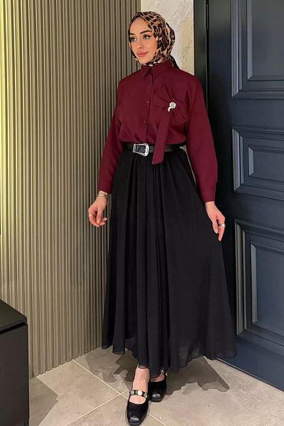 julude Black Belted Pleated Hijab Chiffon Skirt