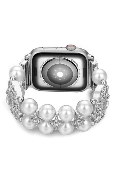 REDz Accessories Curea pentru Apple Watch Fashion, Perle, Cristale, Elastic, Damă, Alb - 44/45/46/49 mm