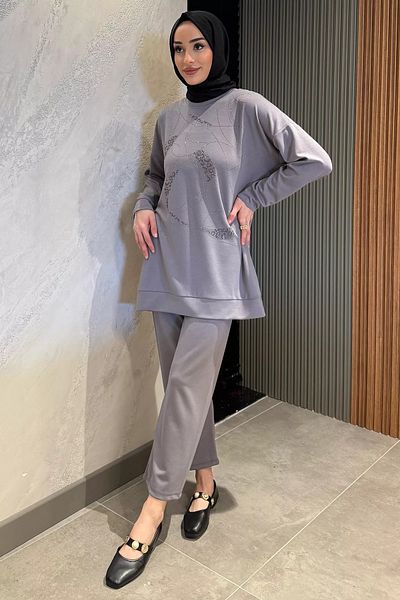julude Γκρι Plus Size Crew Neck Stone Hijab Παντελόνι Σετ δύο τεμαχίων