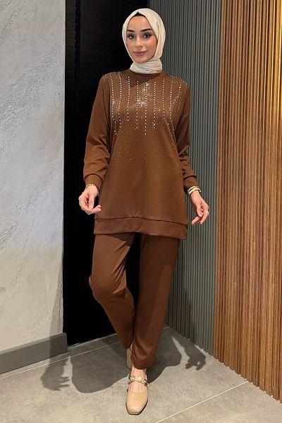 julude Καφέ Plus Size Stone Hijab Παντελόνι Σετ δύο τεμαχίων