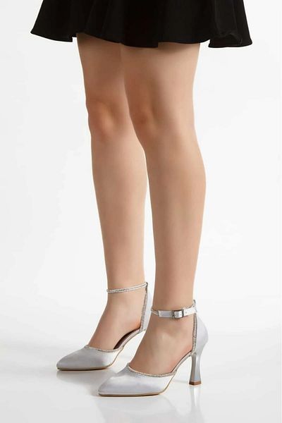 Famels Silver Satin Stone Special Ankle Lacing Evening Dress Shoes Heels Shoes and Combination Bag