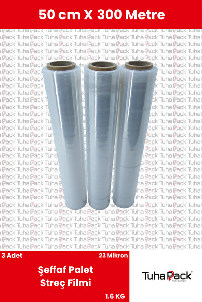 tuhapack plastic packaging Streç Film 50cm X 300m 3 Adet, Şeffaf, 23 Mikron, ...