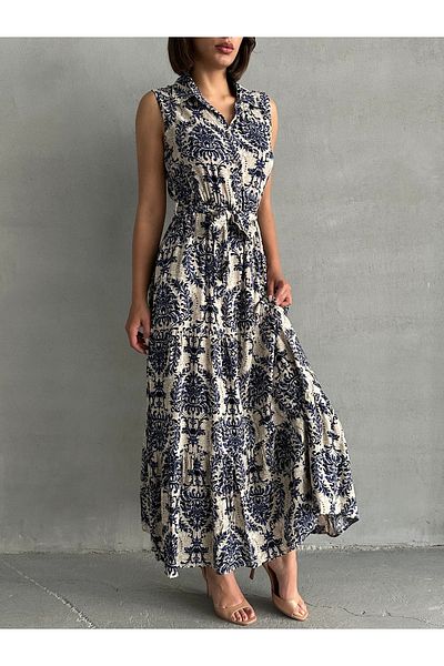 BEJNA Women's Patterned Shirt Collar Summer Maxi Dress
