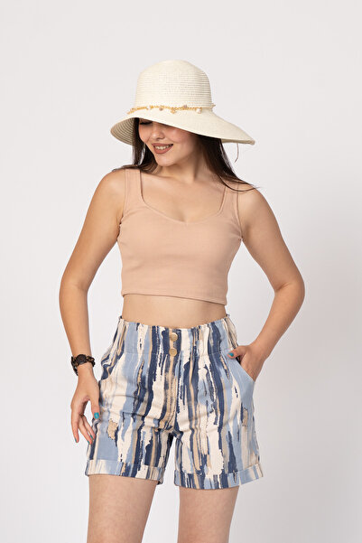 MissVina Pantaloni scurți talie înaltă din denim gabardină cu talie elastică și nasturi, cu buzunare 30160