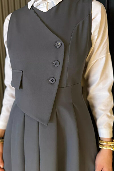 Zehra Gül Antrasit Kadın Düğme Detaylı Pileli Tesettür Jile Elbise