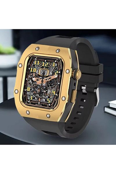 REDz Accessories Hybrid Star Case with Strap for Apple Watch 44/45mm, Adjustable, Black and Gold