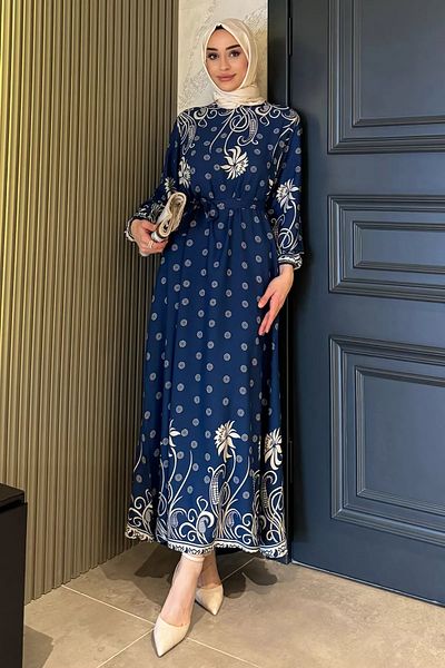 julude Indigo γυναικείο φόρεμα με μοτίβο με ζώνη μέσης Plus Size Hijab Viscose