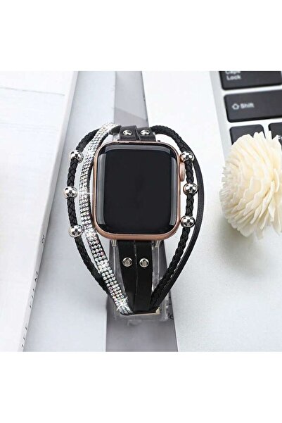 REDz Accessories Μοντέρνο λουράκι για Apple Watch, στρας και δέρμα, εμφάνιση πολλαπλών βραχιολιών, μαύρο - 44/45/46/49 mm