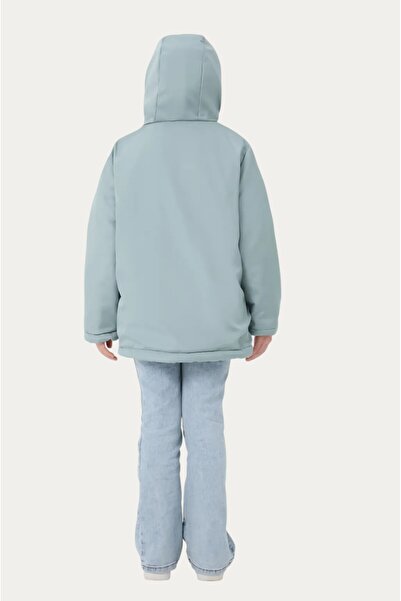 Montstop Kız Çocuk Mint Yeşili İçi Kürklü Su ve Rüzgar Geçirmez Kapüşonlu 3 Cep Kışlık Mont & Kaban & Parka