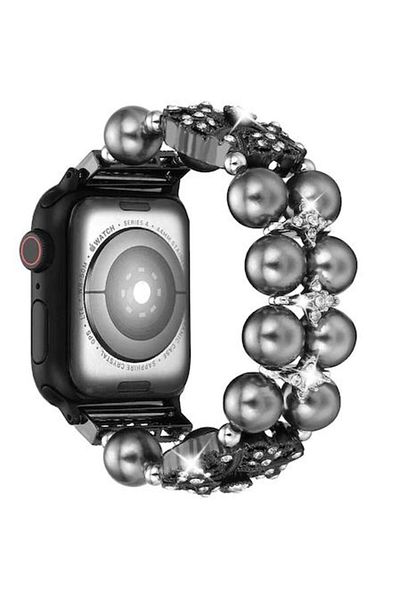 REDz Accessories Curea pentru Apple Watch Fashion, perle, cristale, elastică, pentru femei, neagră - 44/45/46/49 mm