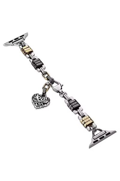 REDz Accessories Bracelet For Apple Watch, Vintage Heart Pendant Look, Slim, Silver Metal, Black-gold - 38/40/41 Mm