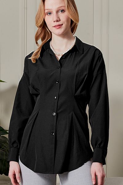 fumel women's clothing Women's Black Pleated Back Gimped Waist Tunik