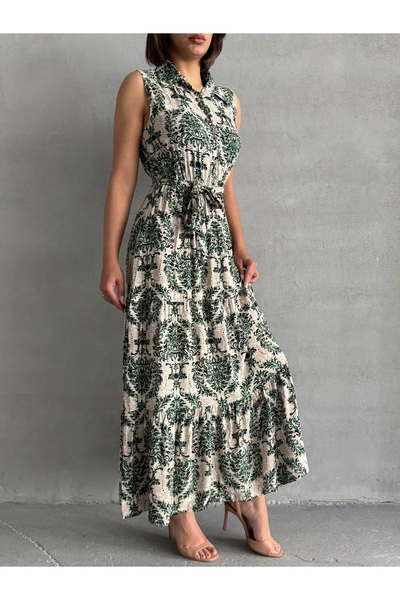 BEJNA Women's Green Patterned Shirt Collar Summer Maxi Dress