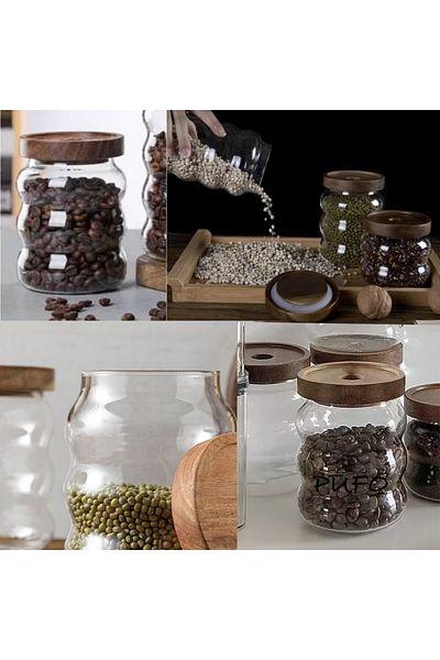PUFO Spicey borosilicate glass container for sugar, coffee, tea or spices, with wooden lid, 600 ml