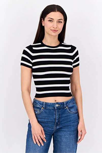 Don't Call Me Jennyfer Women Crew Neck Short Sleeve Ribbed Crop Top, Multicolor