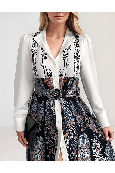 WellWay Rochie neagră cu guler de cămașă cu imprimeu floral Atlas, cu detaliu de nasturi (INCLUSIV CUREA)-2502