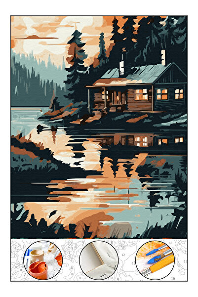 abbara Sayılarla Boyama Hobi Seti Çerçeveli Tuval Fırça Boya Dahil Kasnaklı 40x50 Cm Göl Evi