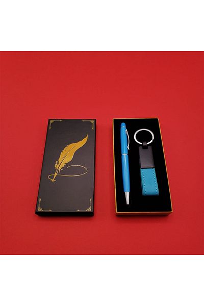 doremodam Blue Metal Leather Keychain and Pen Set