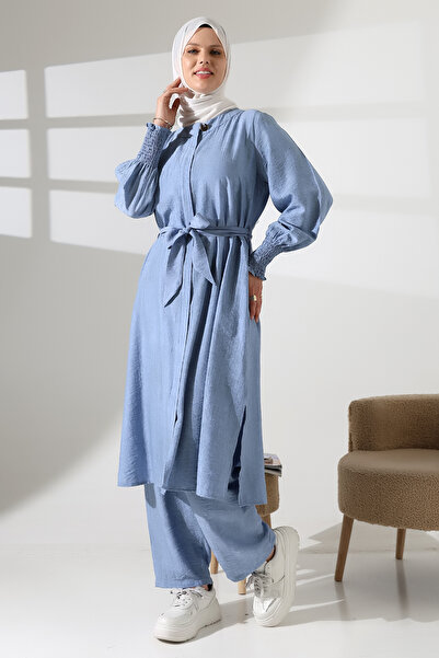 ihvan online Жіночий одяг для хаджу та умри з потайною блискавкою, розрізом збоку та гіпелем, двоєччастий комплект, синій