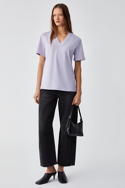 GRIMELANGE Aline Women's 100% Organic Cotton Deep V-Neck Comfort Fit Lilac T-Shirt