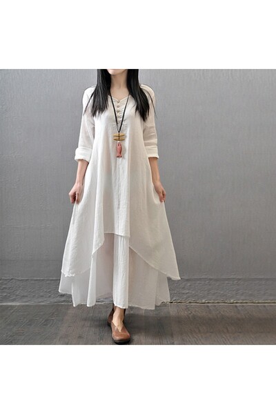 Toridas Casual Summer Women's Ecru Casual Two-Layer Dress