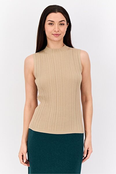 Esprit Women Mock Neck Textured Long Sleeve Tank Top, Khaki