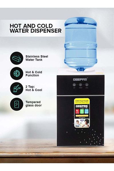Geepas Hot And Cold Water Dispenser | Stainless Steel Water Tank With Fast Cooling And 2 Taps, Hot And Cold
