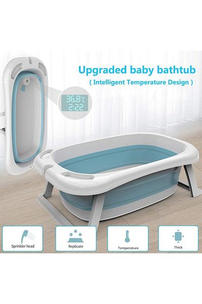 Yelajoy Baby Bathtub,Intelligent Temperature,with Bath Cushion,Portable Folding,Blue