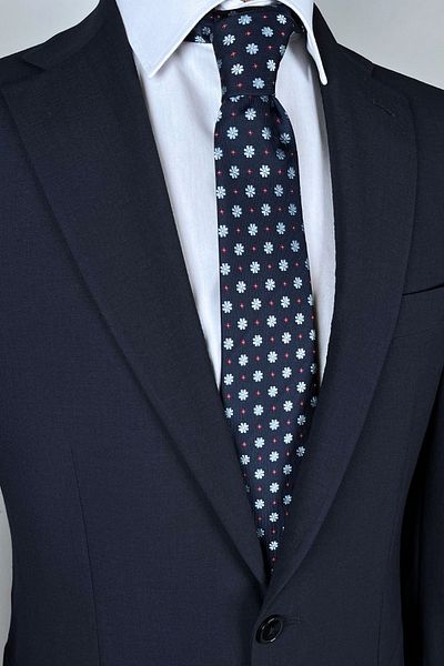 1001 Kravat Blue Floral Patterned 8 cm Wide Classic Navy Blue Tie