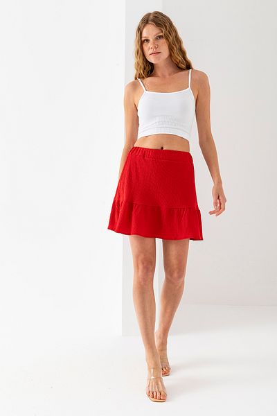 GİYSA Women's Elastic Waist Textured Mini Skirt Red - 1884