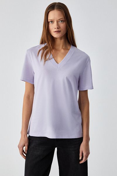 GRIMELANGE Aline Women's 100% Organic Cotton Deep V-Neck Comfort Fit Lilac T-Shirt