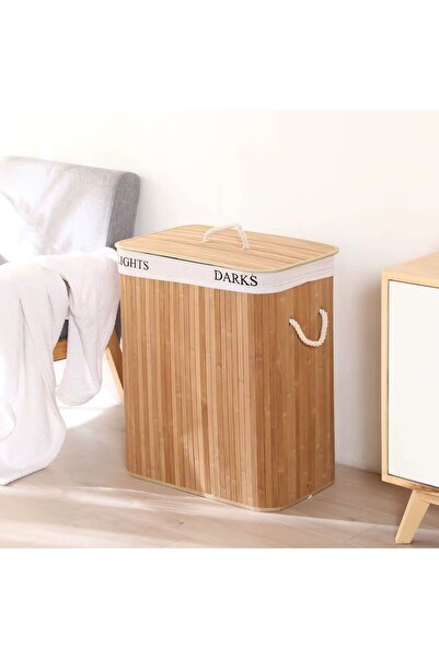 MİMOZA PARK İki Bölmeli Bambu Naturel Çamaşır Sepeti - Mega Katlanabilir Çama...