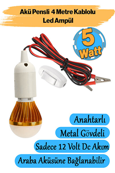 Badem10 Akü Pensli 4 Metre Kablolu 12 V Tasarruflu Seyyar Led Ampul 5W Lamba Anahtarlı Aydınlatma Beyaz Işık