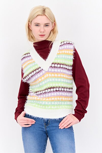 Reclaimed Vintage Women V-Neck Faux Fur Vest Sweater, Multicolor