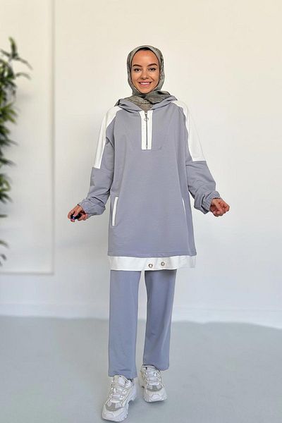 Ka Hijab طقم بخيطين بتفاصيل غطاء للرأس - رمادي