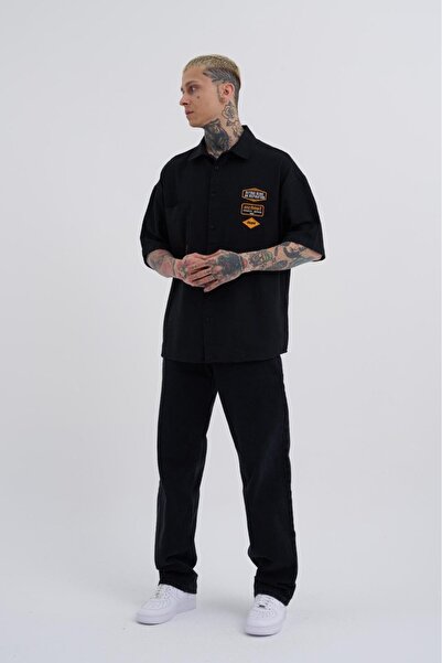 Machinist Ανδρικό Basic Κεντημένο Oversize Μαύρο Πουκάμισο