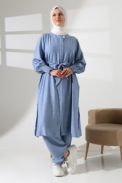 ihvan online Жіночий одяг для хаджу та умри з потайною блискавкою, розрізом збоку та гіпелем, двоєччастий комплект, синій