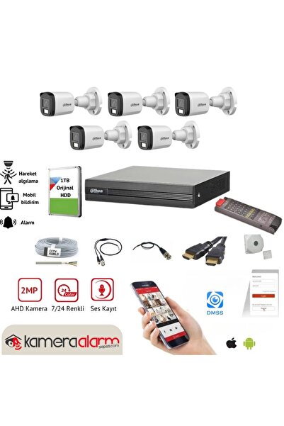 DAHUA 5 Kameralı 7/24 Renkli Görüşlü Dahili Mikrofonlu Güvenlik Kamerası Seti - Uzaktan Izleme