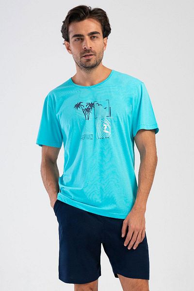 VİENETTA Men's Short Sleeve Turquoise Shorts Pajama Suit C4T3N4O804