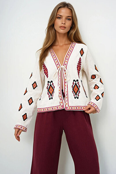 VAGGON Γυναικείο μπεζ έθνικ μοτίβο μπροστινό δεμένο καλοκαιρινό λινό μπουφάν Prmx14097