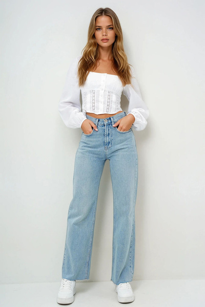 VAGGON Kadın Kar Yıkamalı Mavi Yüksek Bel Yıkamalı Paçası Püsküllü Palazzo Jean Pantolon Prmx13982