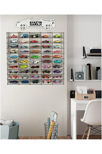 Capellawoodworks 50 Araçlık Ahşap Duvar Rafı Araba Görselli Beyaz Çiftyüz