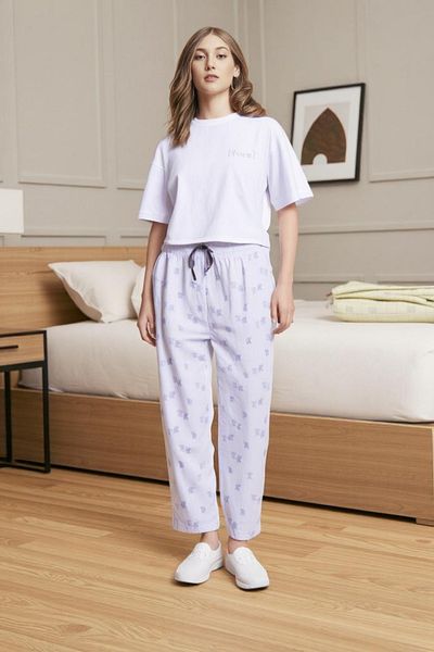Elemge 2 Pack Patterned Women's Pajama Bottom Comfortable Fit with Ribbon Relaxfit Stretchy Red-White Soft