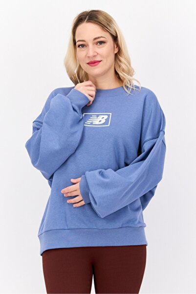 New Balance سويت شيرت نسائي خارجي بأكمام طويلة ومقاس قصة فضفاضة ، أزرق داكن