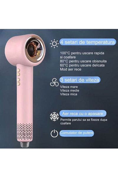 OEM Uscator De Par Cu Ionizare, 4 Accesorii Magnetice 3 Trepte Viteza, 4 Trepte Temperatura, Roz