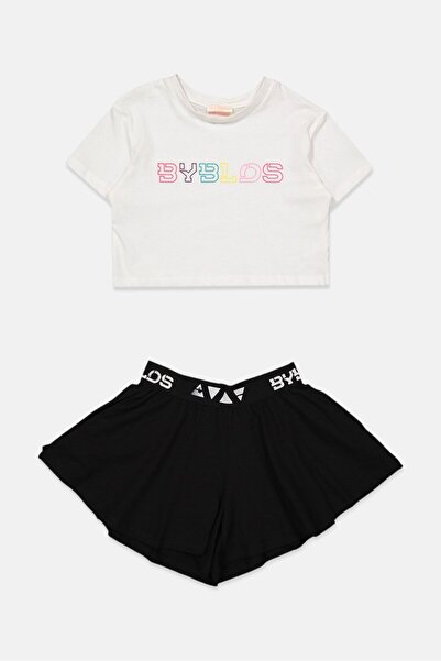 Byblos Kids Girl 2 Pcs Brand Logo Top And Short Set, White/Black