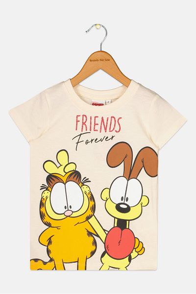 NİCKELODEON Kids Girl Crew Neck Short Sleeve Garfield Top, Off White