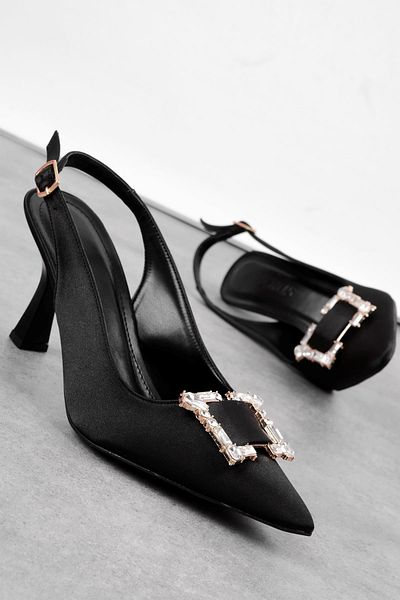 Lal Shoes & Bags Pera Women's Square Stone Buckle Detailed Satin Heeled Shoes-Black